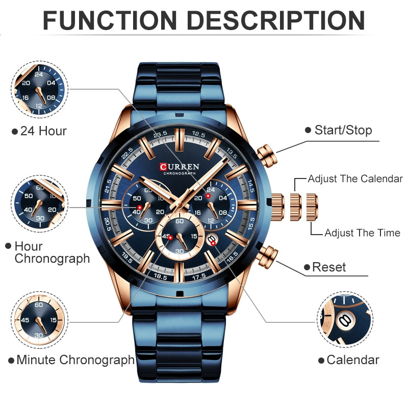Luxury Sports Quartz Mens Watch  Steel Waterproof Chronograph Wristwatch - onestopmegamall23