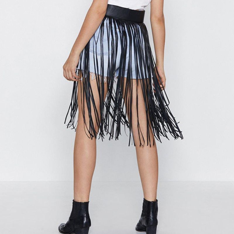 Women's High Waist Faux Leather Fringe Tassels Skirt Body Harness with Snap Buttons - onestopmegamall23