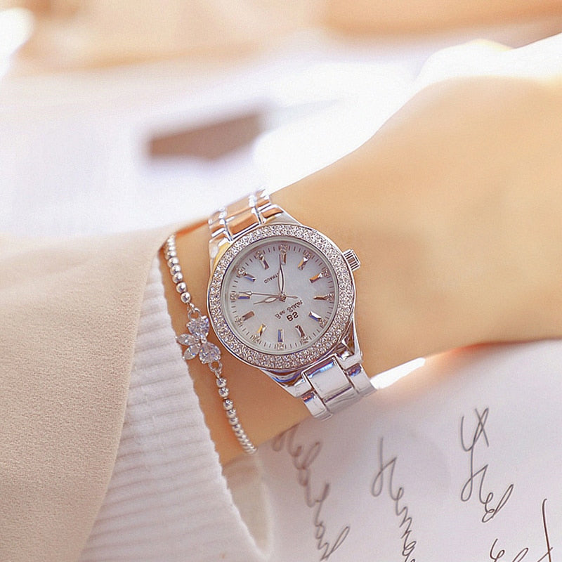 Dress Gold  Women's Crystal Diamonds Stainless Steel Silver Watch - onestopmegamall23