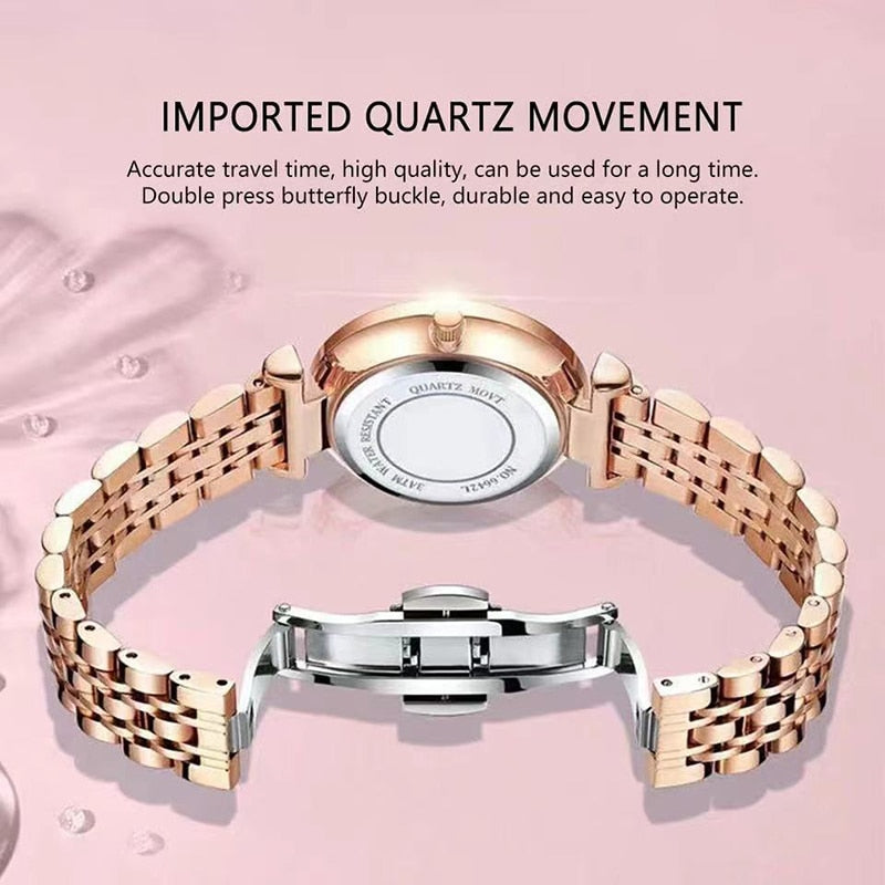 Fashion Square Ladies Quartz Watch Bracelet Set Green Dial Simple Rose Gold Mesh - onestopmegamall23