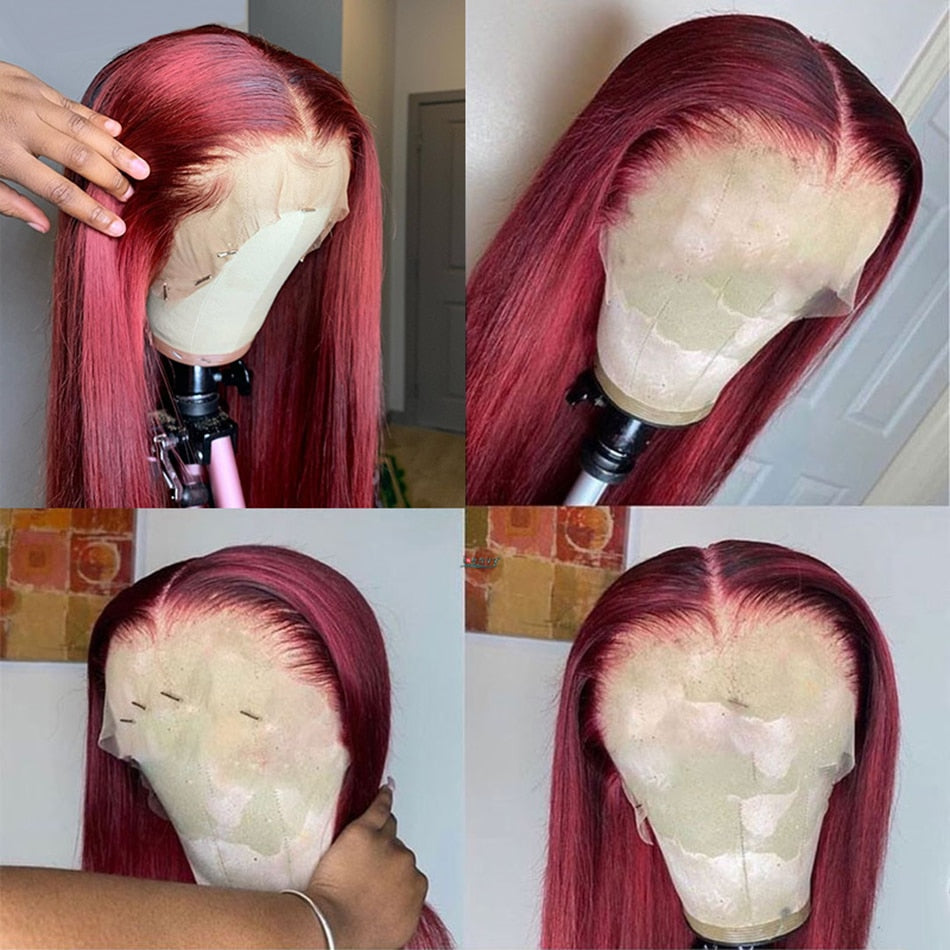 Peruvian Straight Hair Lace Front Wig Human Hair 99J Burgundy Pre-Plucked - onestopmegamall23