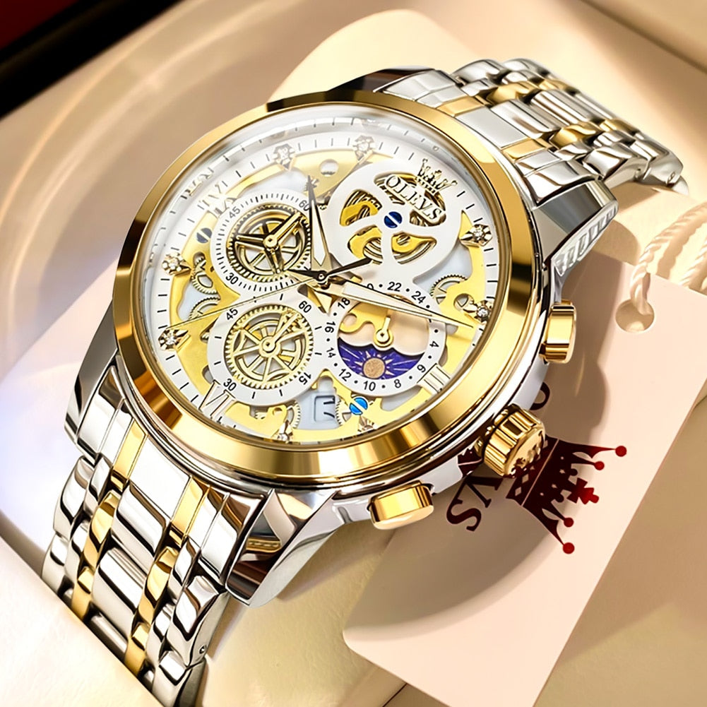Gold Skeleton Style Men's Luxury Original Waterproof Quartz Watch - onestopmegamall23