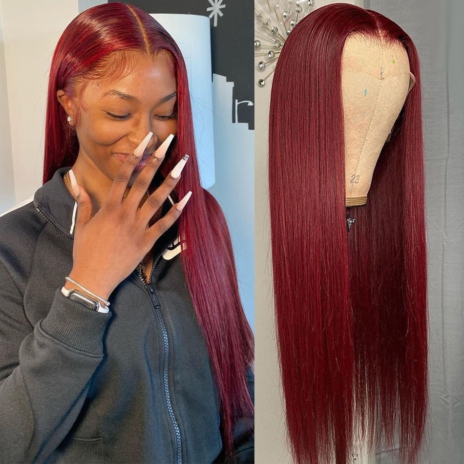 Peruvian Straight Hair Lace Front Wig Human Hair 99J Burgundy Pre-Plucked 13x4 Colored Lace Front - onestopmegamall23
