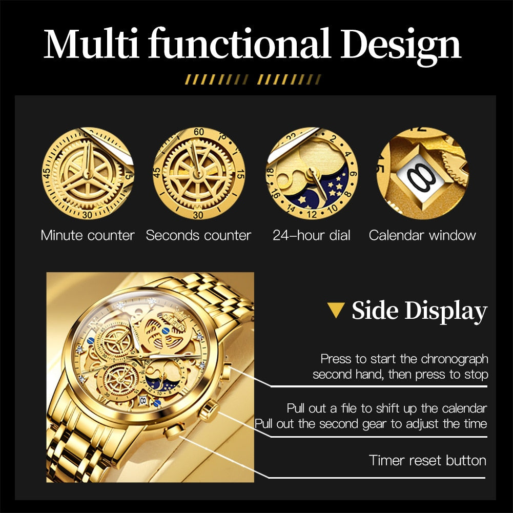 Gold Skeleton Style Men's Luxury Original Waterproof Quartz Watch - onestopmegamall23