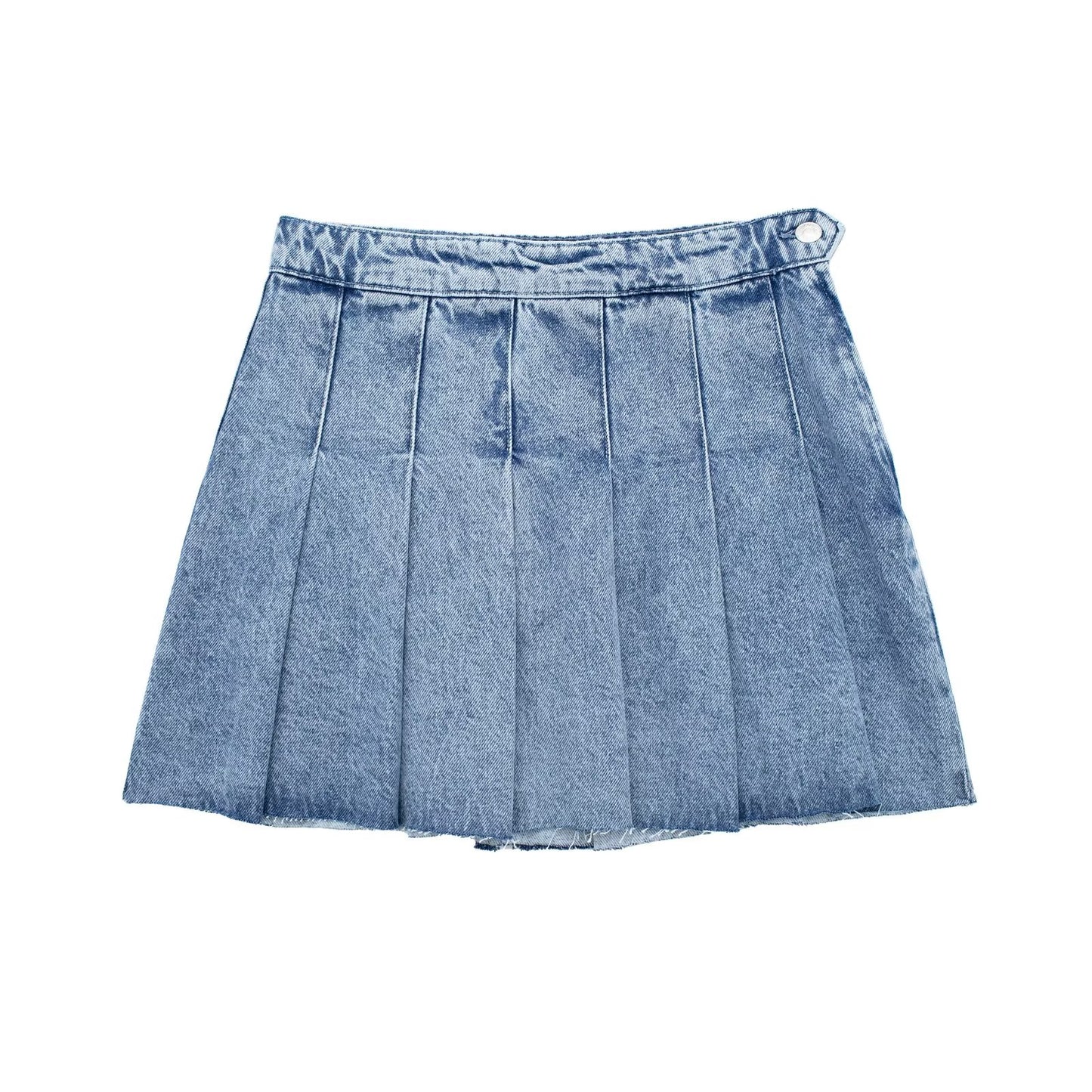 Women's Fashion Wide Pleated Denim Mini Skirt Chic Side Button Zipper Fly - onestopmegamall23