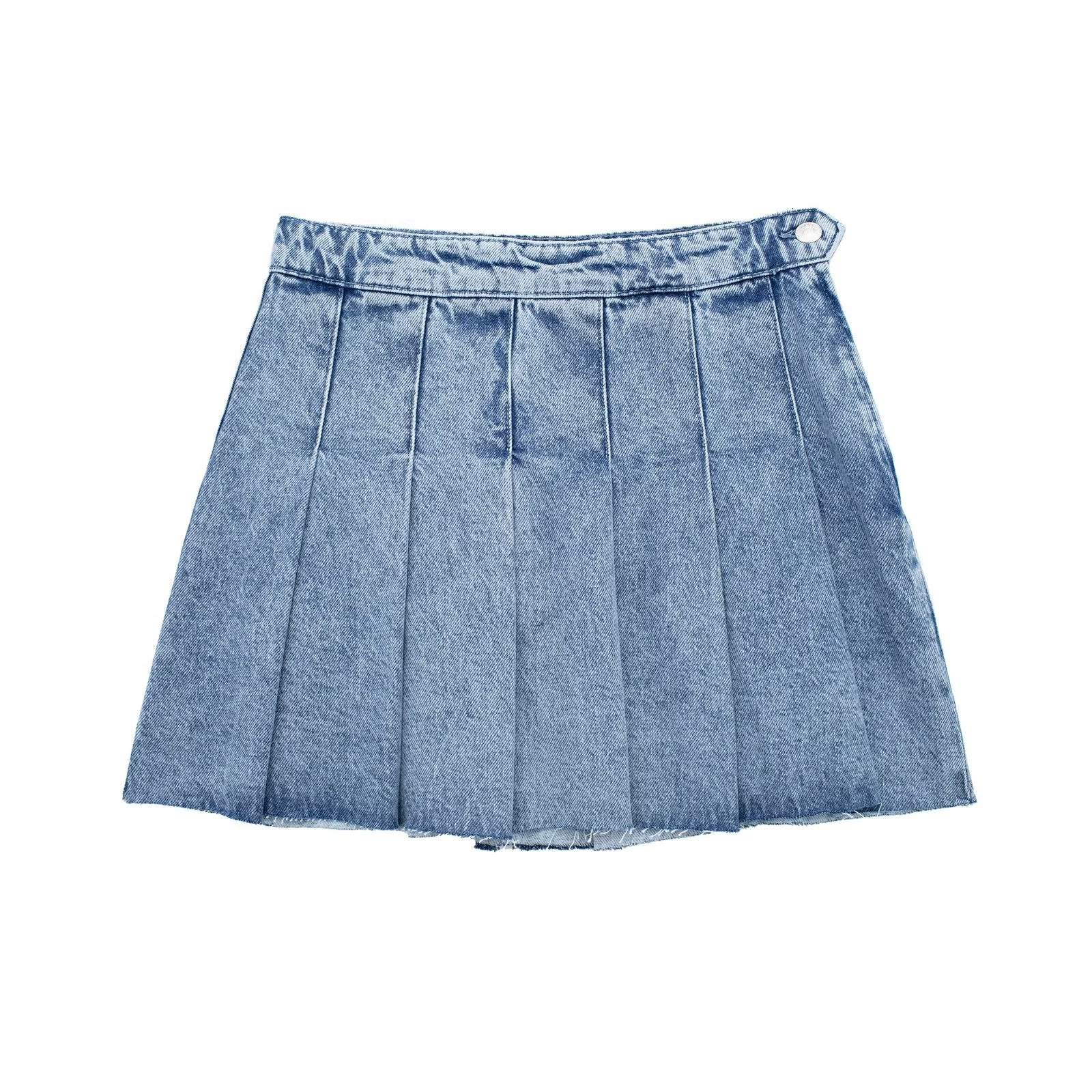 Women's Fashion Wide Pleated Denim Mini Skirt Chic Side Button Zipper Fly - onestopmegamall23