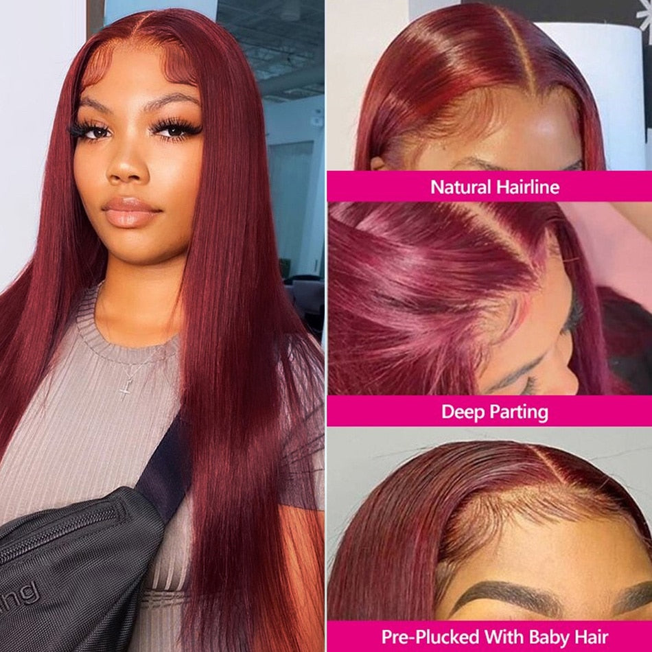 Peruvian Straight Hair Lace Front Wig Human Hair 99J Burgundy Pre-Plucked 13x4 Colored Lace Front - onestopmegamall23