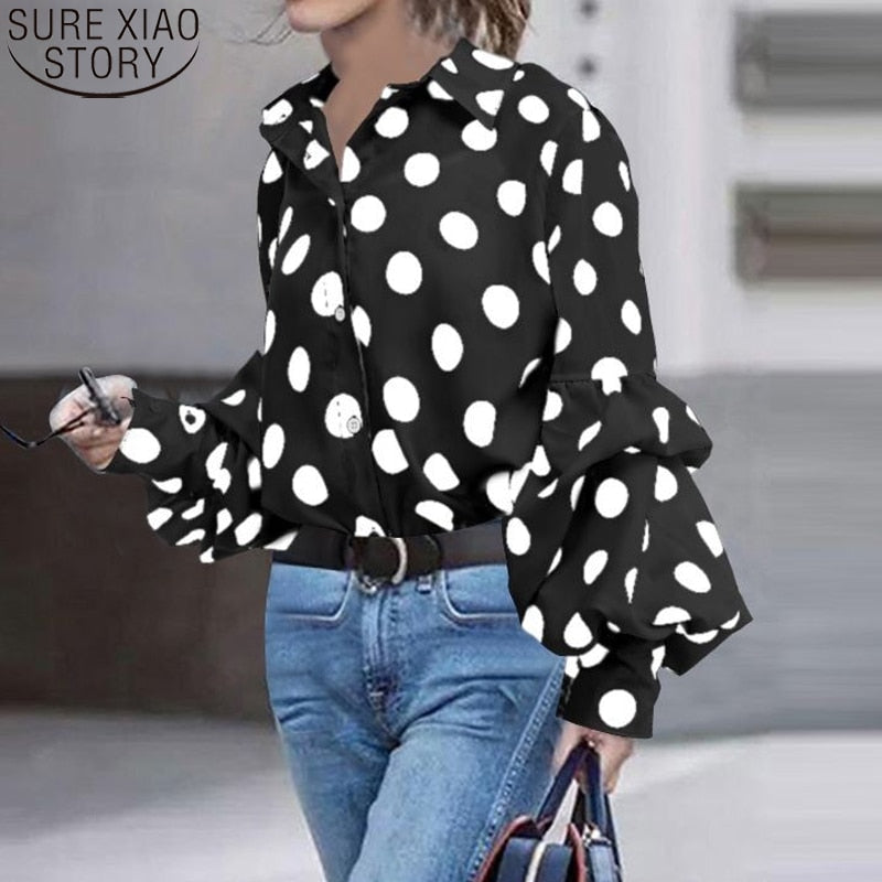 Fashion Polka Dot Lantern Long Sleeve Woman's Blouse - onestopmegamall23