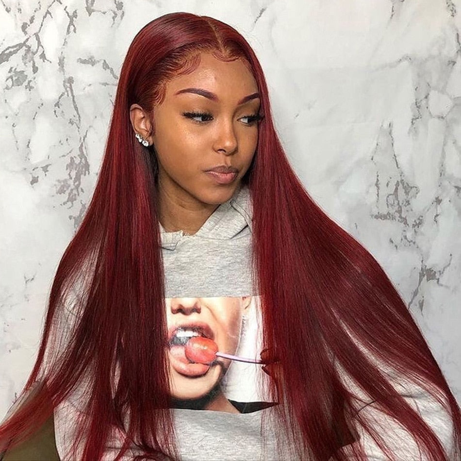 Peruvian Straight Hair Lace Front Wig Human Hair 99J Burgundy Pre-Plucked 13x4 Colored Lace Front - onestopmegamall23