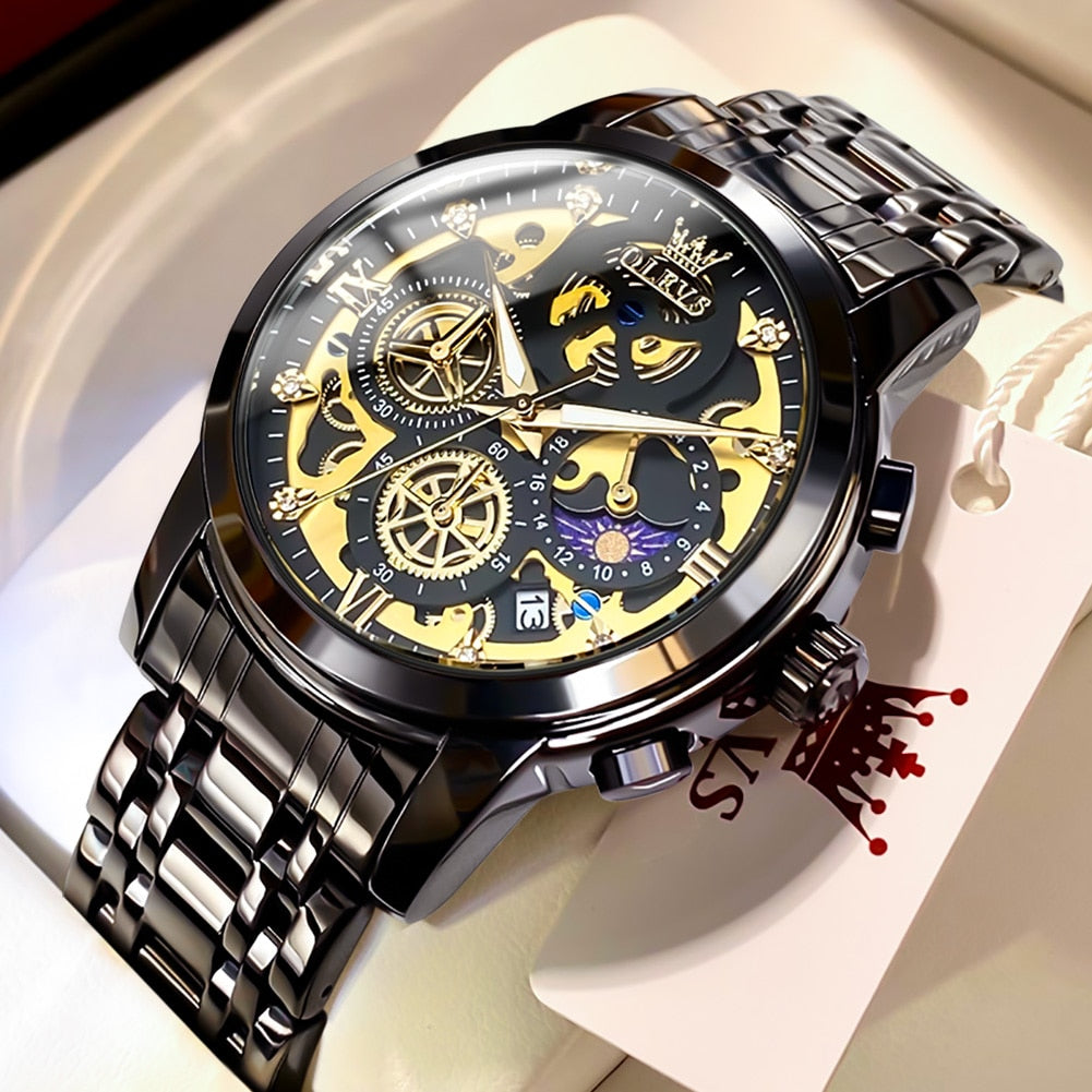 Gold Skeleton Style  Men's Luxury Original Waterproof Quartz Watch - onestopmegamall23