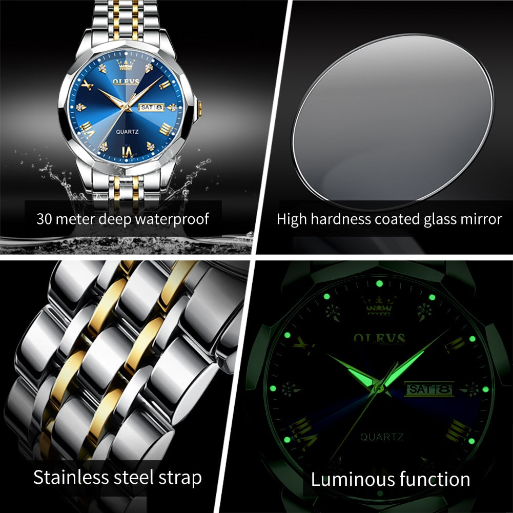 Rhombus Mirror Original Quartz Watch for Man Waterproof Luminous Stainless Steel - onestopmegamall23