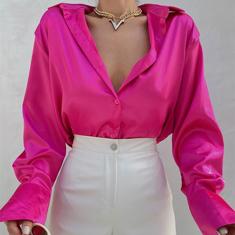 Elegant Satin Solid Long Sleeve  Women Fashion Top - onestopmegamall23