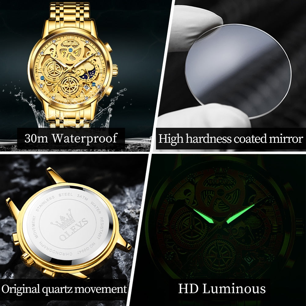 Gold Skeleton Style  Men's Luxury Original Waterproof Quartz Watch - onestopmegamall23
