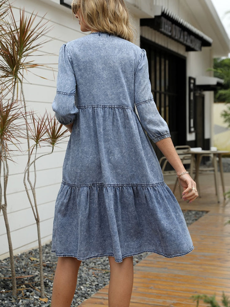 Casual Blue Knee-Length Summer Vintage Dress - onestopmegamall23