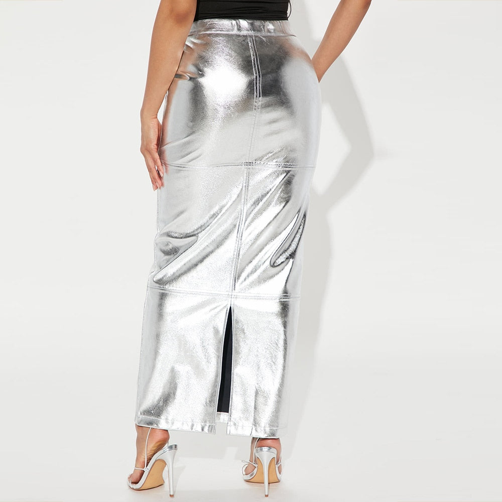 Women's High Waist Metallic Slim Maxi Skirt - onestopmegamall23