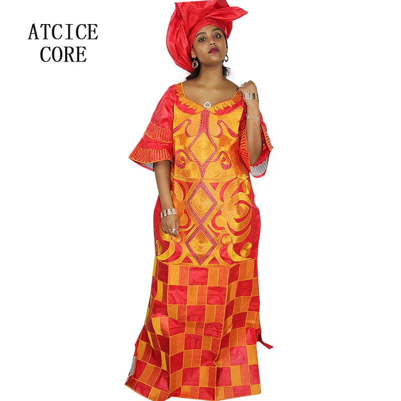 Embroidered Plus Size African Long Dress With Scarf - onestopmegamall23