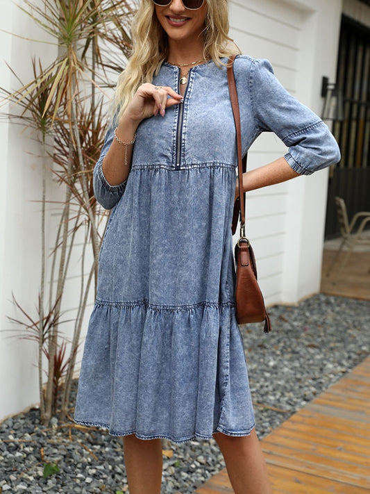 Casual Blue Knee-Length Summer Vintage Dress - onestopmegamall23