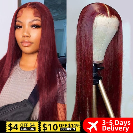 Peruvian Straight Hair Lace Front Wig Human Hair 99J Burgundy Pre-Plucked - onestopmegamall23