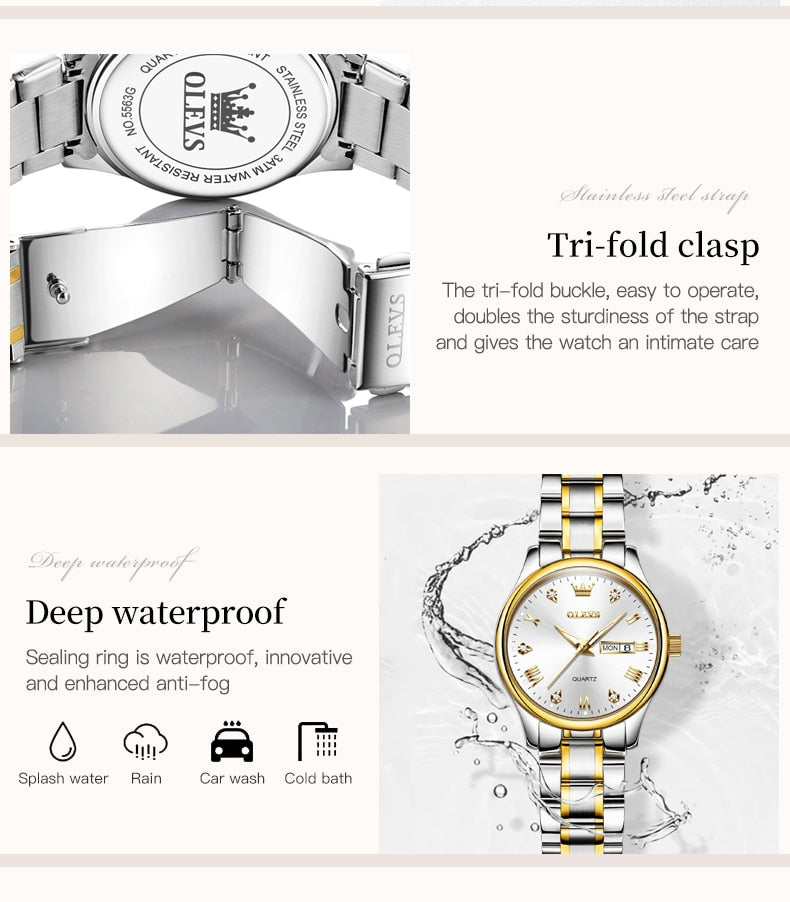 OLEVS Ladies Waterproof Stainless Steel Luxury Quartz - onestopmegamall23