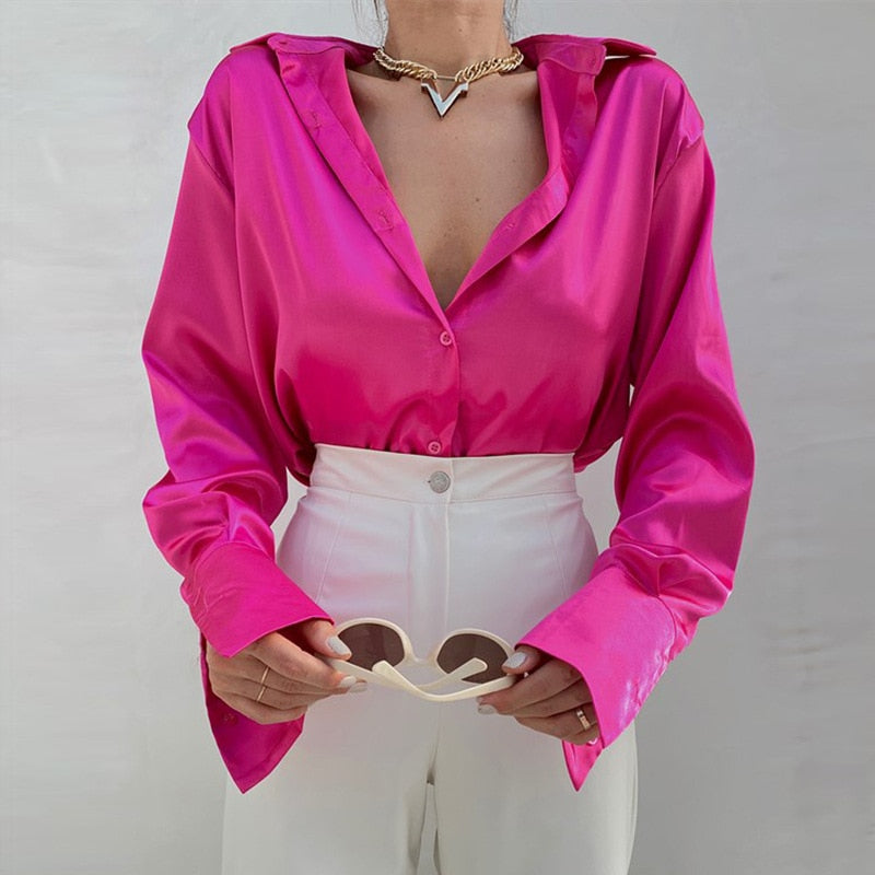 Elegant Satin Solid Long Sleeve  Women Fashion Top - onestopmegamall23