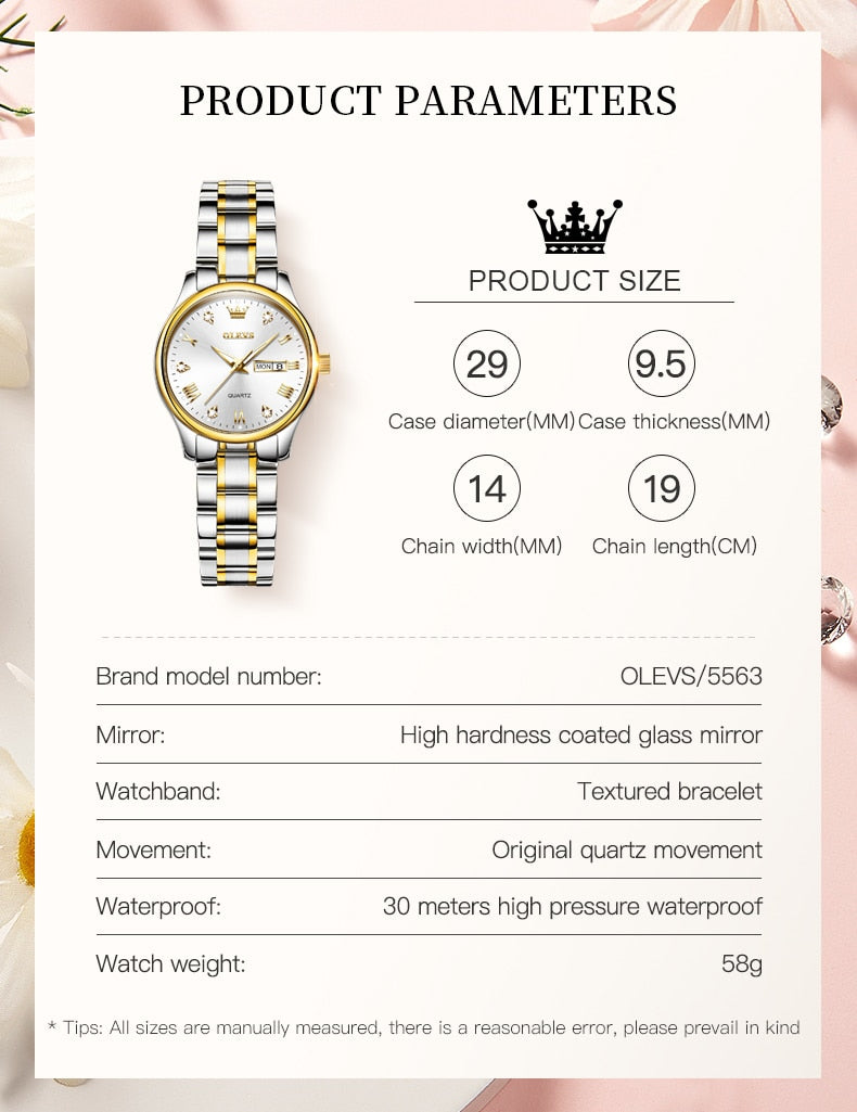 OLEVS Ladies Waterproof Stainless Steel Luxury Quartz - onestopmegamall23