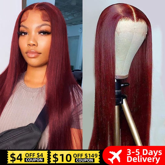 Peruvian Straight Hair Lace Front Wig Human Hair 99J Burgundy Pre-Plucked 13x4 Colored Lace Front - onestopmegamall23